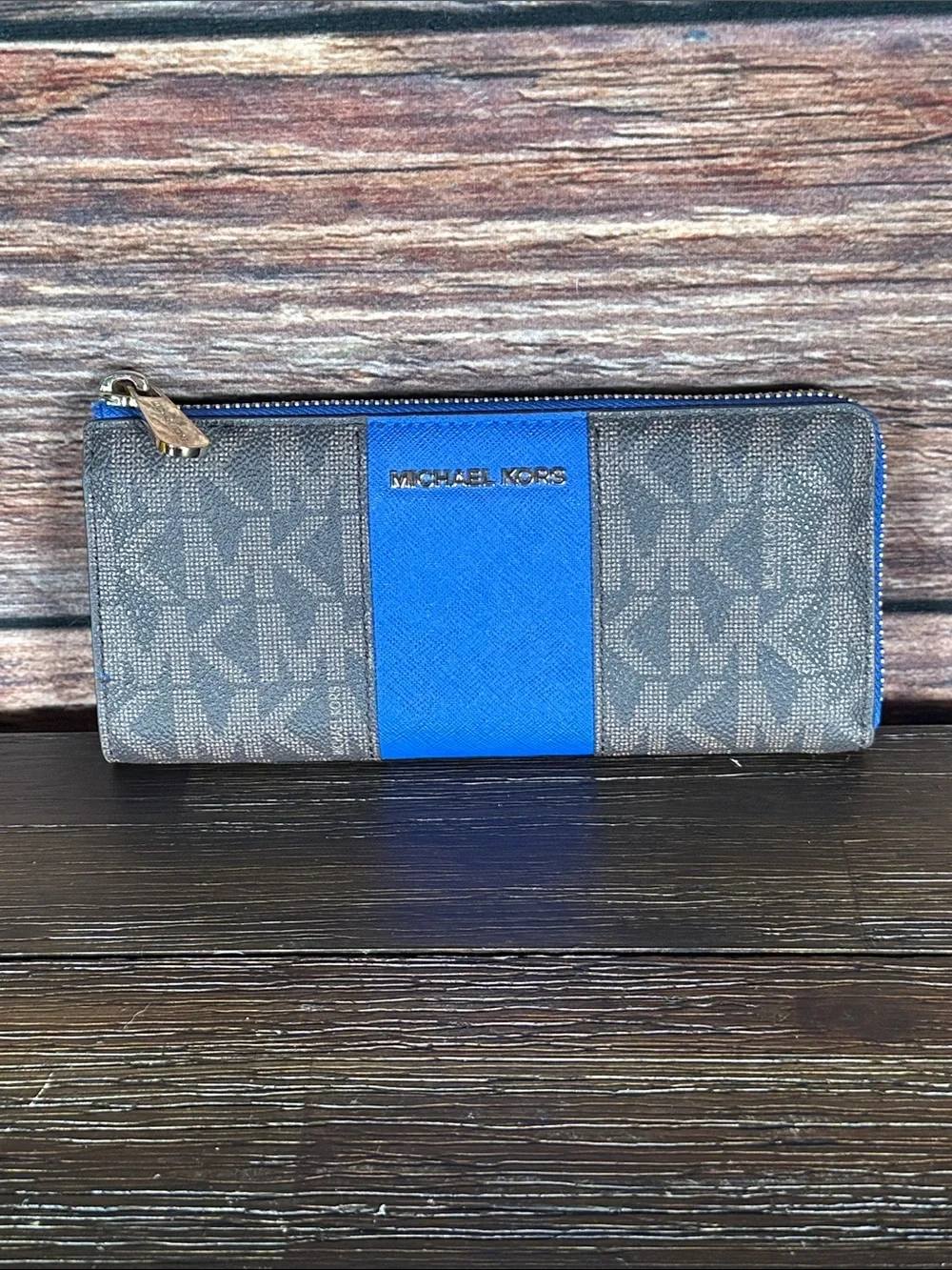 Michael Kors Brown Logo Wallet with Blue Center Panel